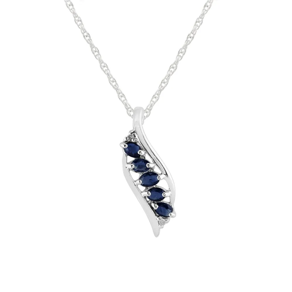 Sterlingsilber 0,43 CT Natürlicher Blauer Saphir & Diamant Blatt Anhänger auf Kette