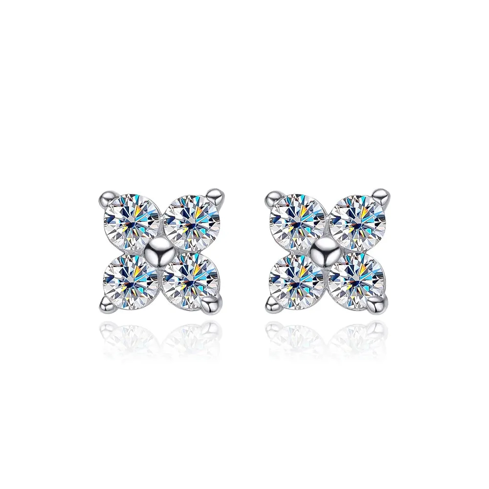Stylish Moissanite Flower Stud Earrings for Women Girls 4 Round Stones VVS1 Quality S925 Sterling Silver Jewelry