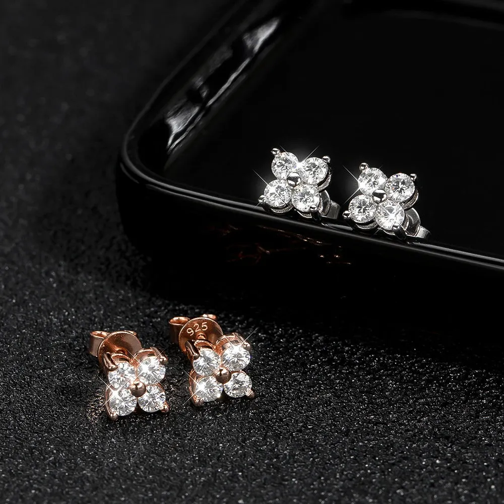 Stylish Moissanite Flower Stud Earrings for Women Girls 4 Round Stones VVS1 Quality S925 Sterling Silver Jewelry