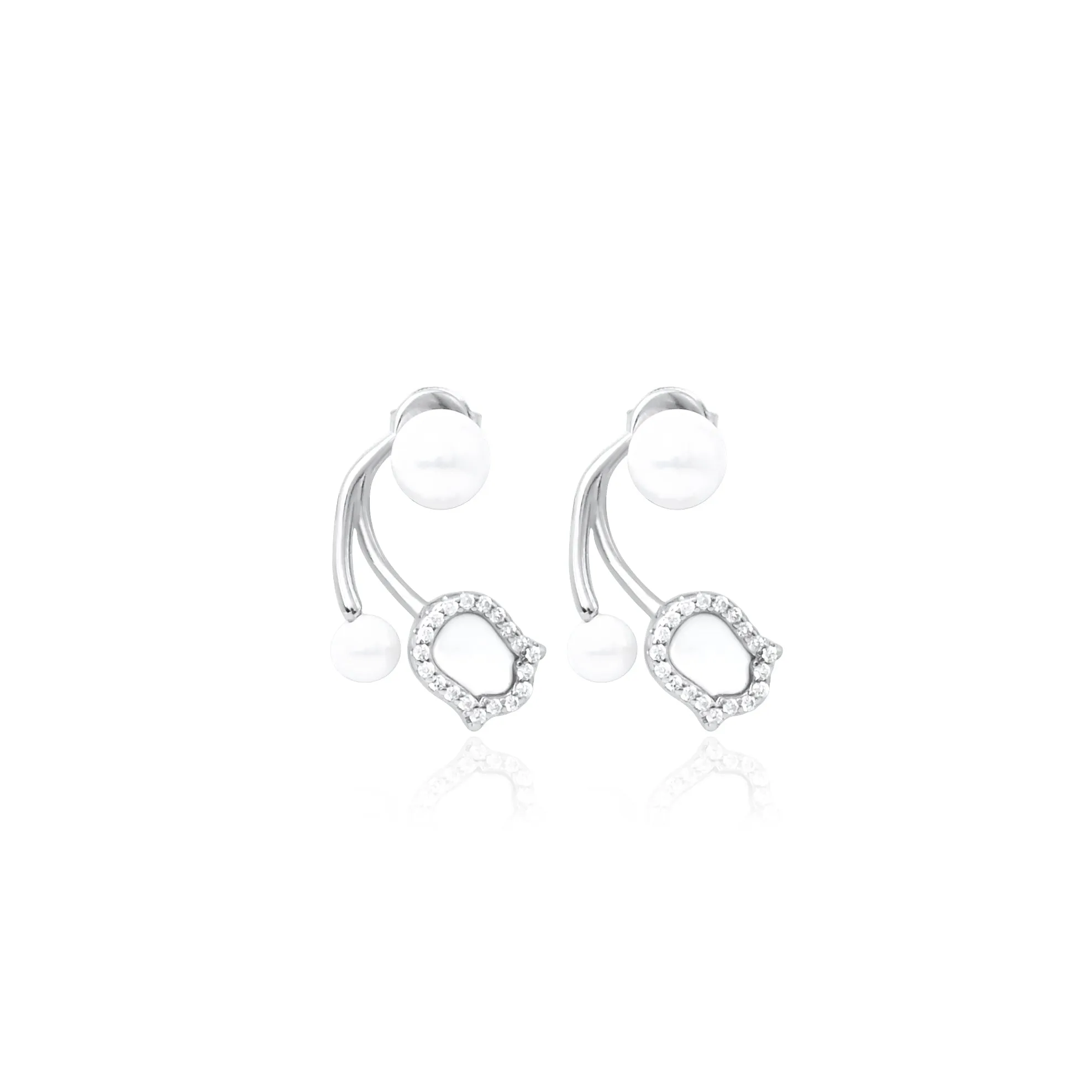 Stylish Silver Earrings with White Moti and Floral Accent.