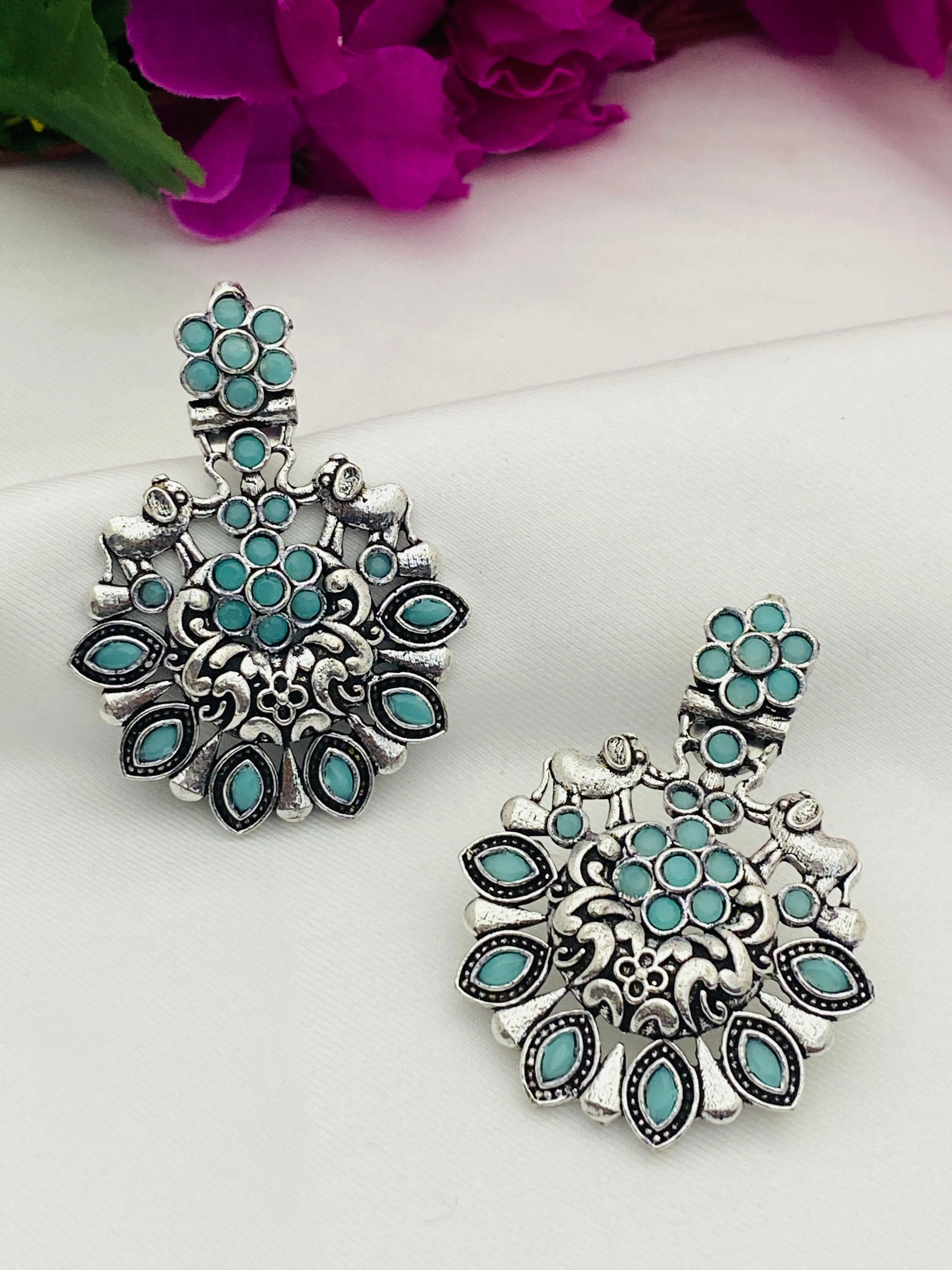 Stylish Skyblue Floral Designer Silver Oxidized Earrings For Women