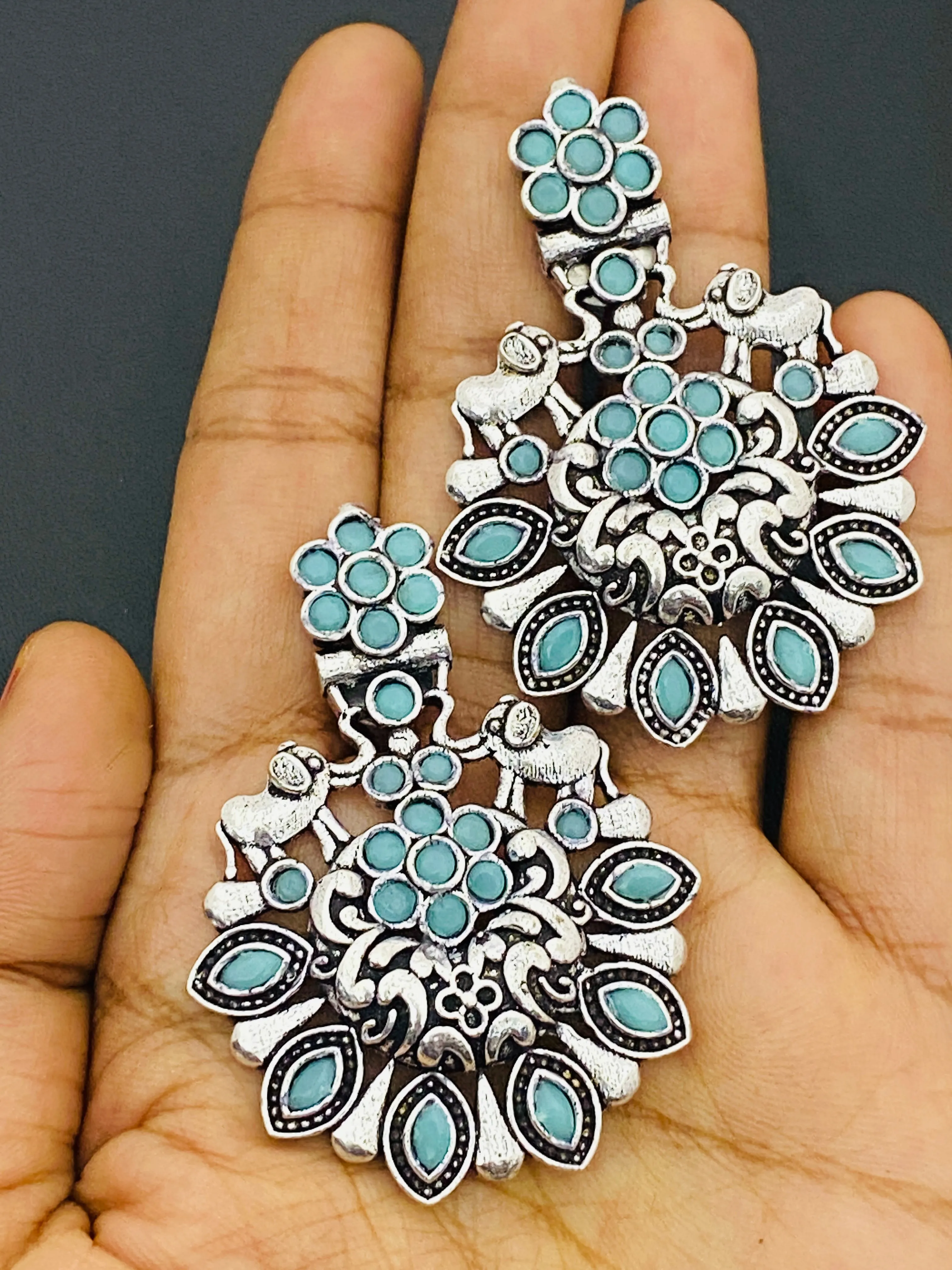 Stylish Skyblue Floral Designer Silver Oxidized Earrings For Women