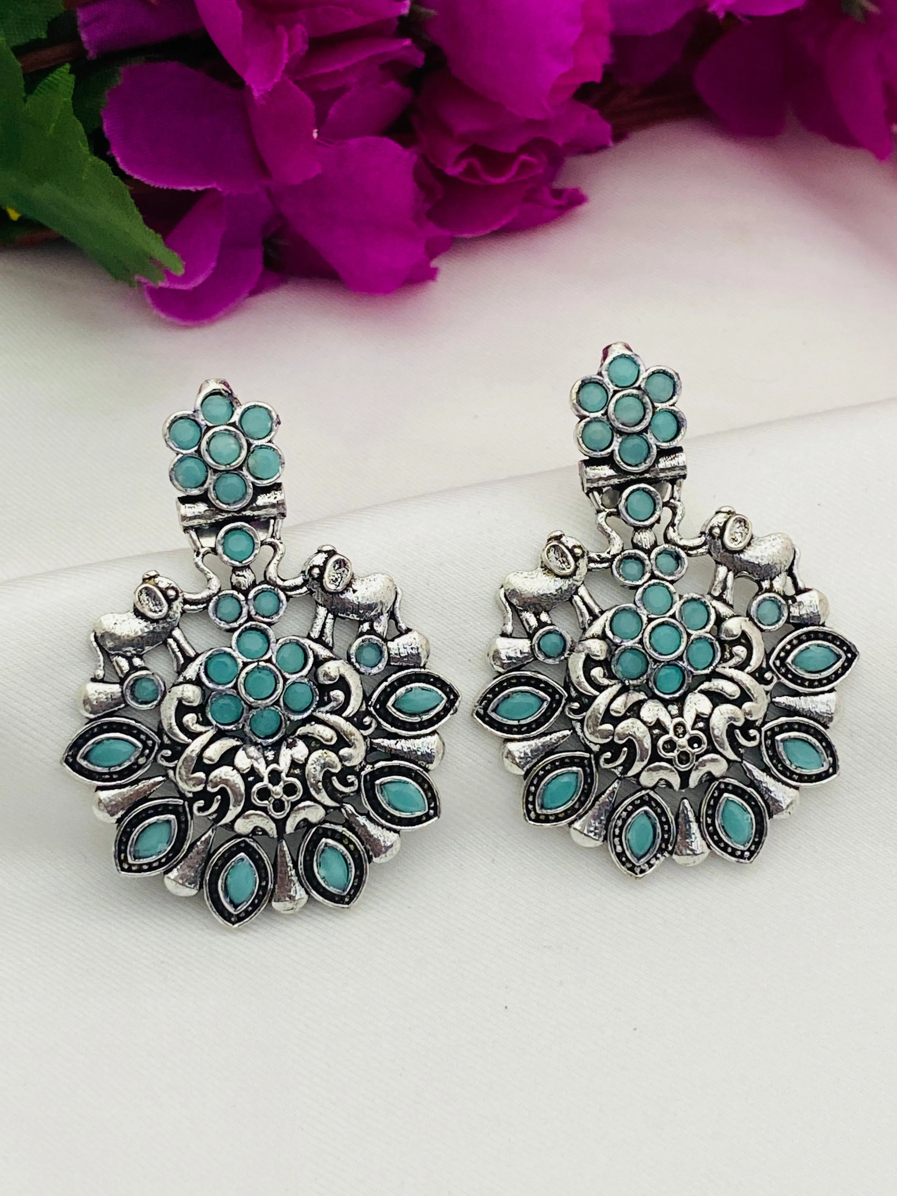 Stylish Skyblue Floral Designer Silver Oxidized Earrings For Women