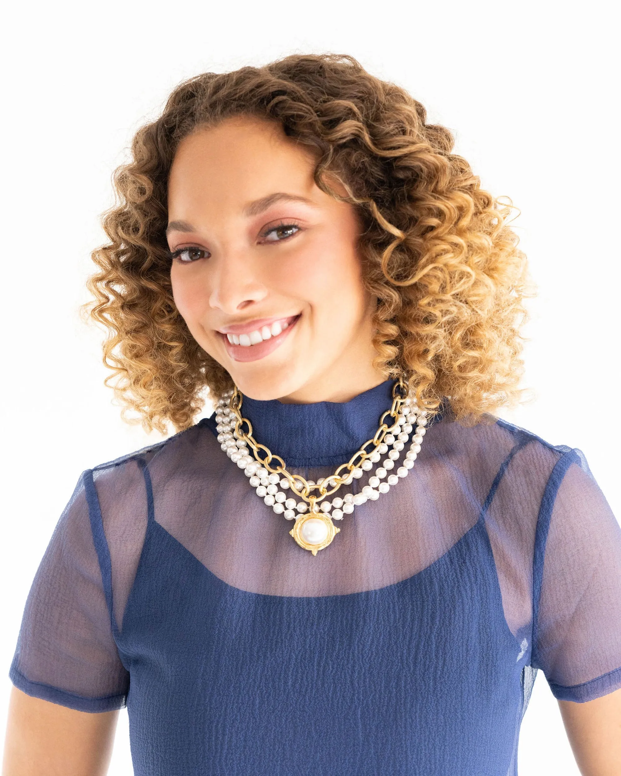 Susan Shaw Multi Strand Ivory Glass Pearls with Cotton Pearl Cab Pendant Necklace