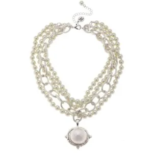 Susan Shaw Multi Strand Ivory Glass Pearls with Cotton Pearl Cab Pendant Necklace