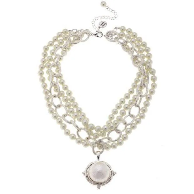 Susan Shaw Multi Strand Ivory Glass Pearls with Cotton Pearl Cab Pendant Necklace