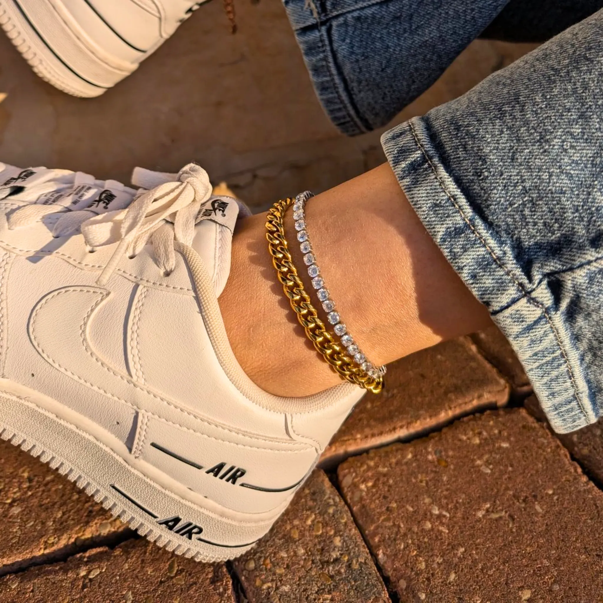 Tennis & Gold Cuban Anklet Set