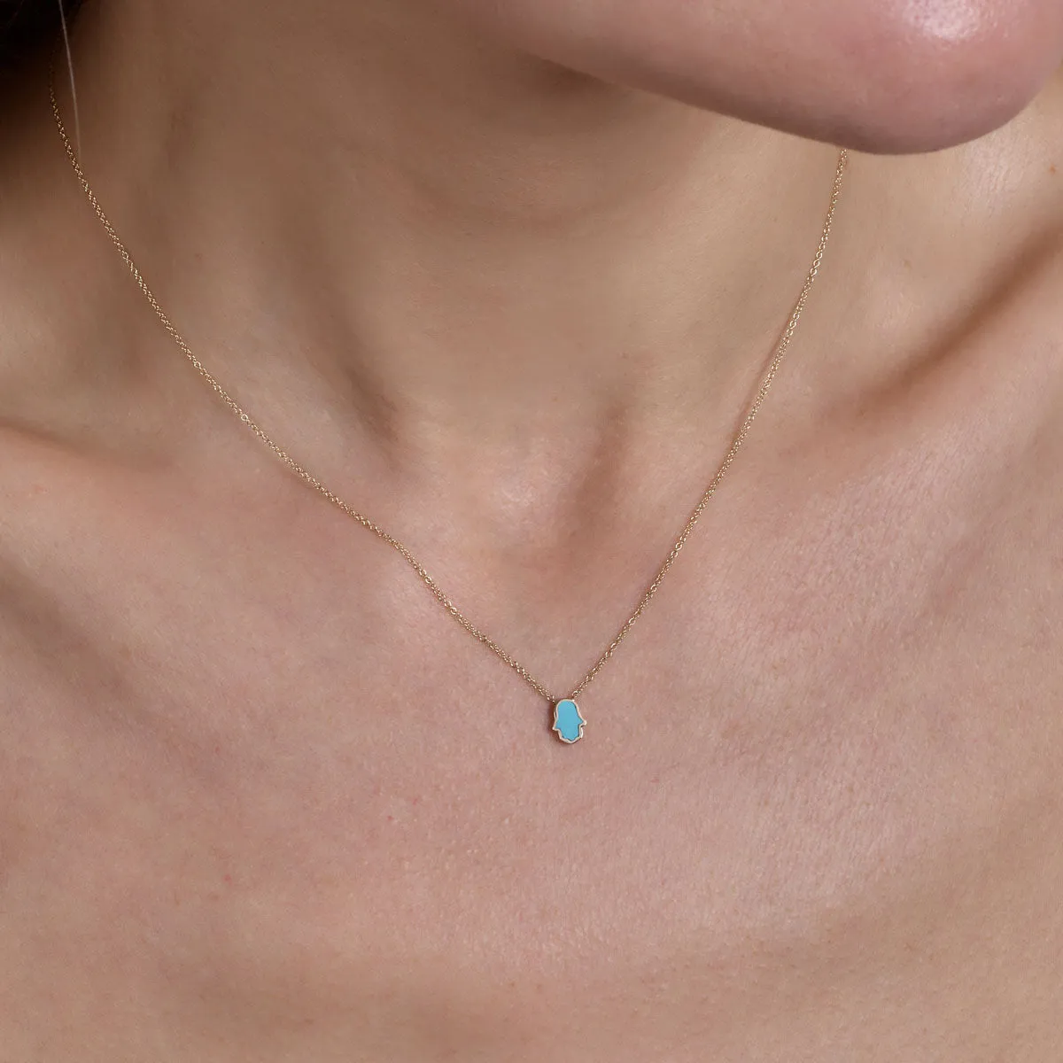 Tiny Turquoise Inlaid Hamsa Hand Necklace