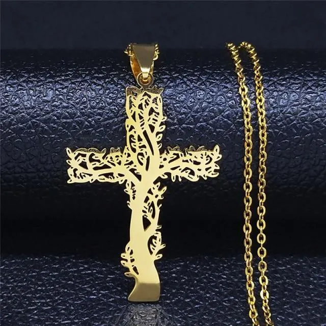 Tree of Life Cross Stainless Steel Silver Color Statement Necklace