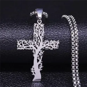 Tree of Life Cross Stainless Steel Silver Color Statement Necklace