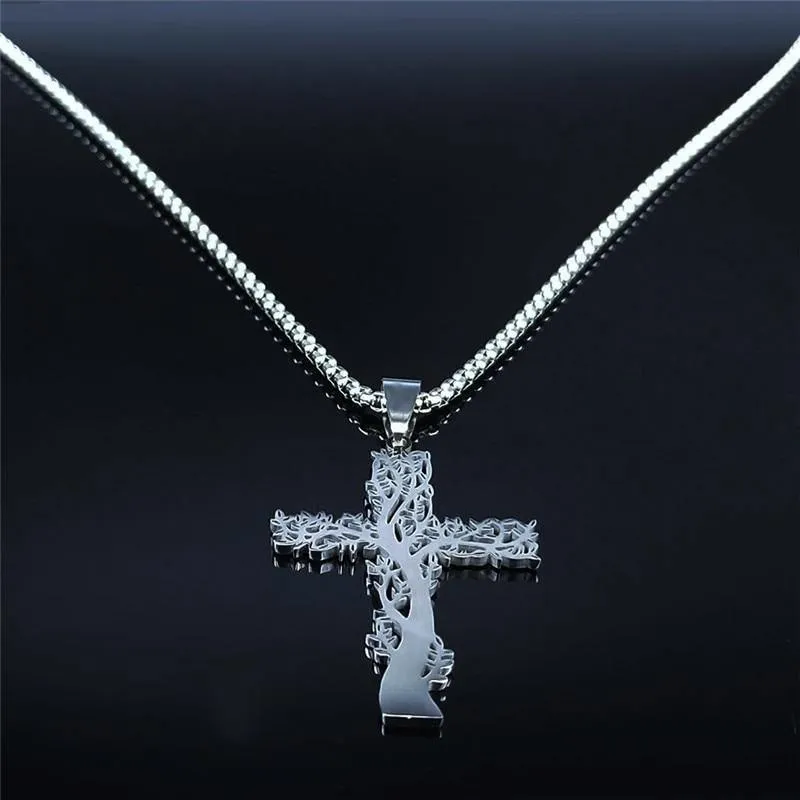 Tree of Life Cross Stainless Steel Silver Color Statement Necklace