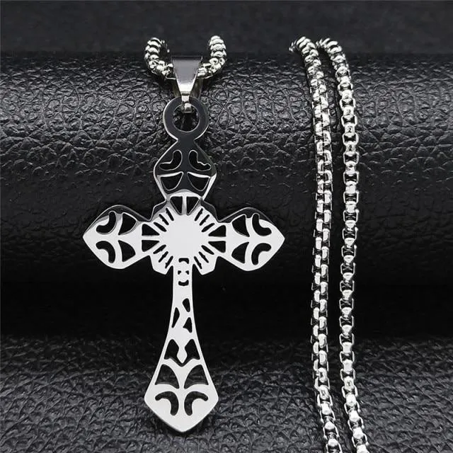 Tree of Life Cross Stainless Steel Silver Color Statement Necklace