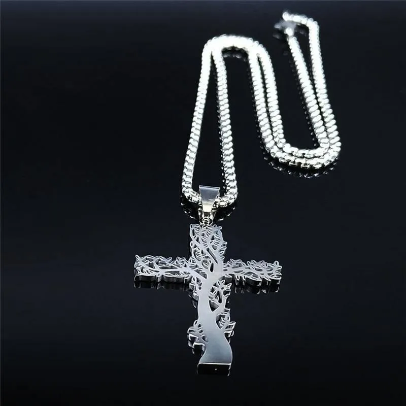 Tree of Life Cross Stainless Steel Silver Color Statement Necklace