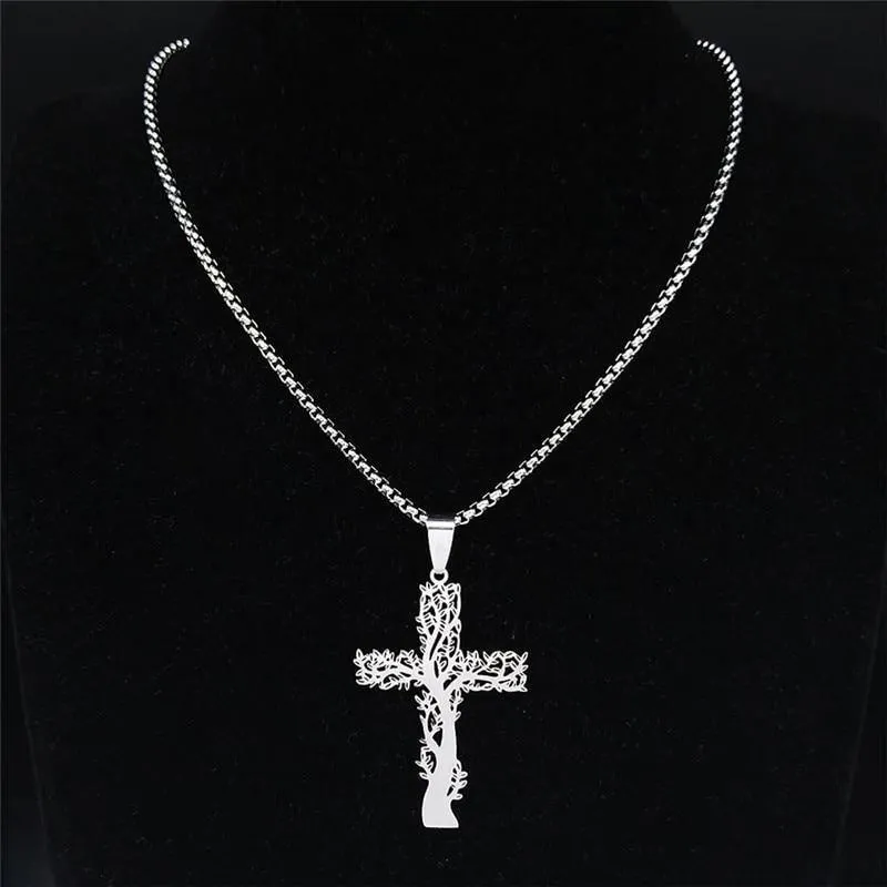 Tree of Life Cross Stainless Steel Silver Color Statement Necklace