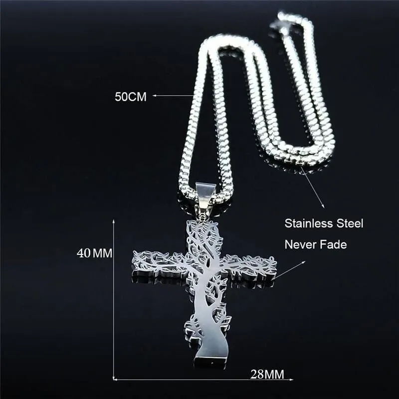 Tree of Life Cross Stainless Steel Silver Color Statement Necklace