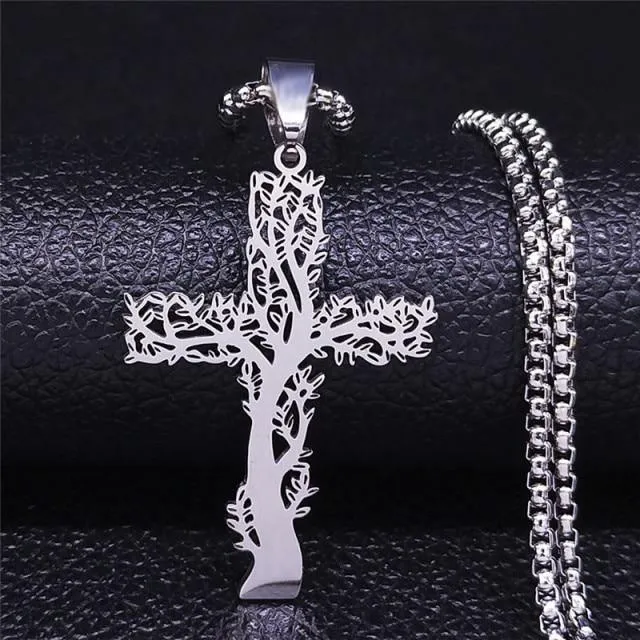 Tree of Life Cross Stainless Steel Silver Color Statement Necklace