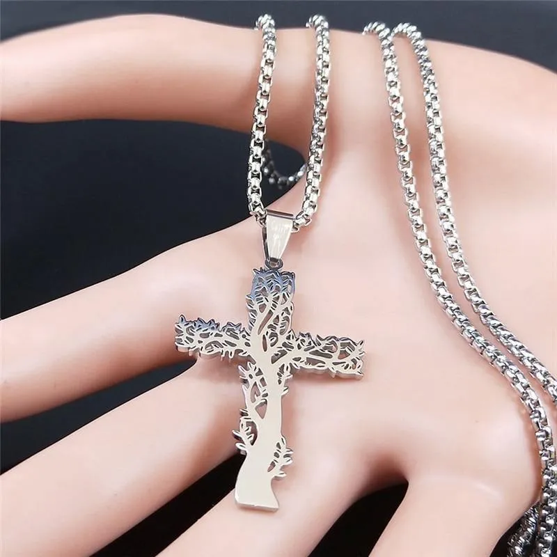 Tree of Life Cross Stainless Steel Silver Color Statement Necklace