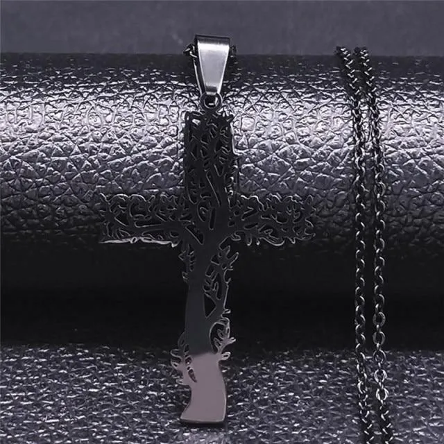Tree of Life Cross Stainless Steel Silver Color Statement Necklace