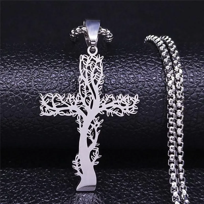 Tree of Life Cross Stainless Steel Silver Color Statement Necklace