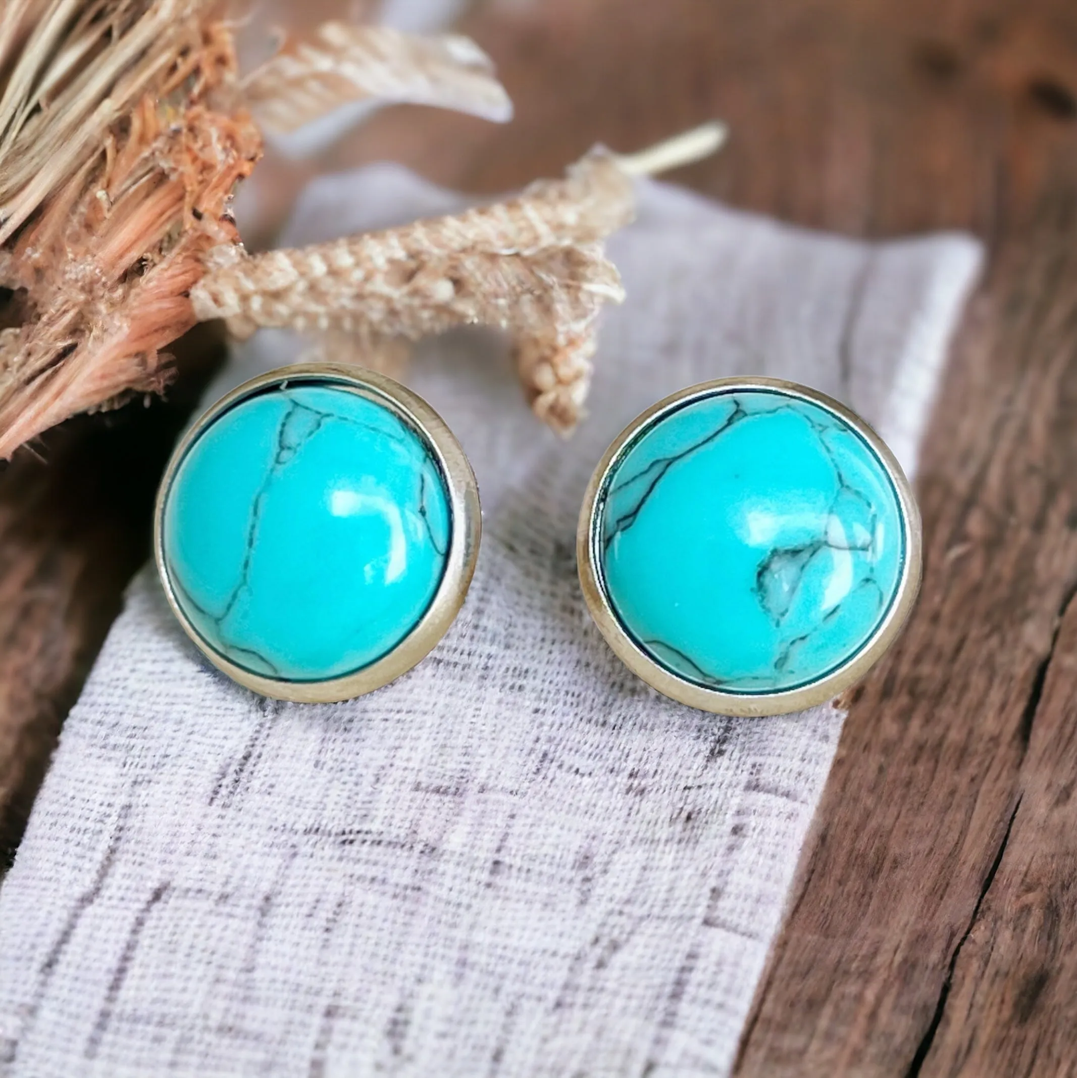 Turquoise 12mm Silver Stud Earrings: Boho Western Chic Accessories