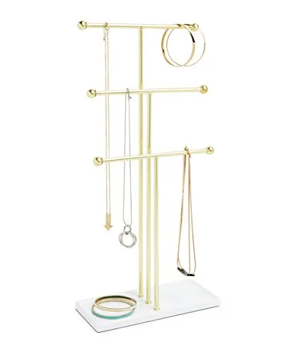 Umbra Trigem Hanging Jewelry Organizer Tiered Tabletop Countertop Free Standing Necklace Holder Display, 3, Brass/White