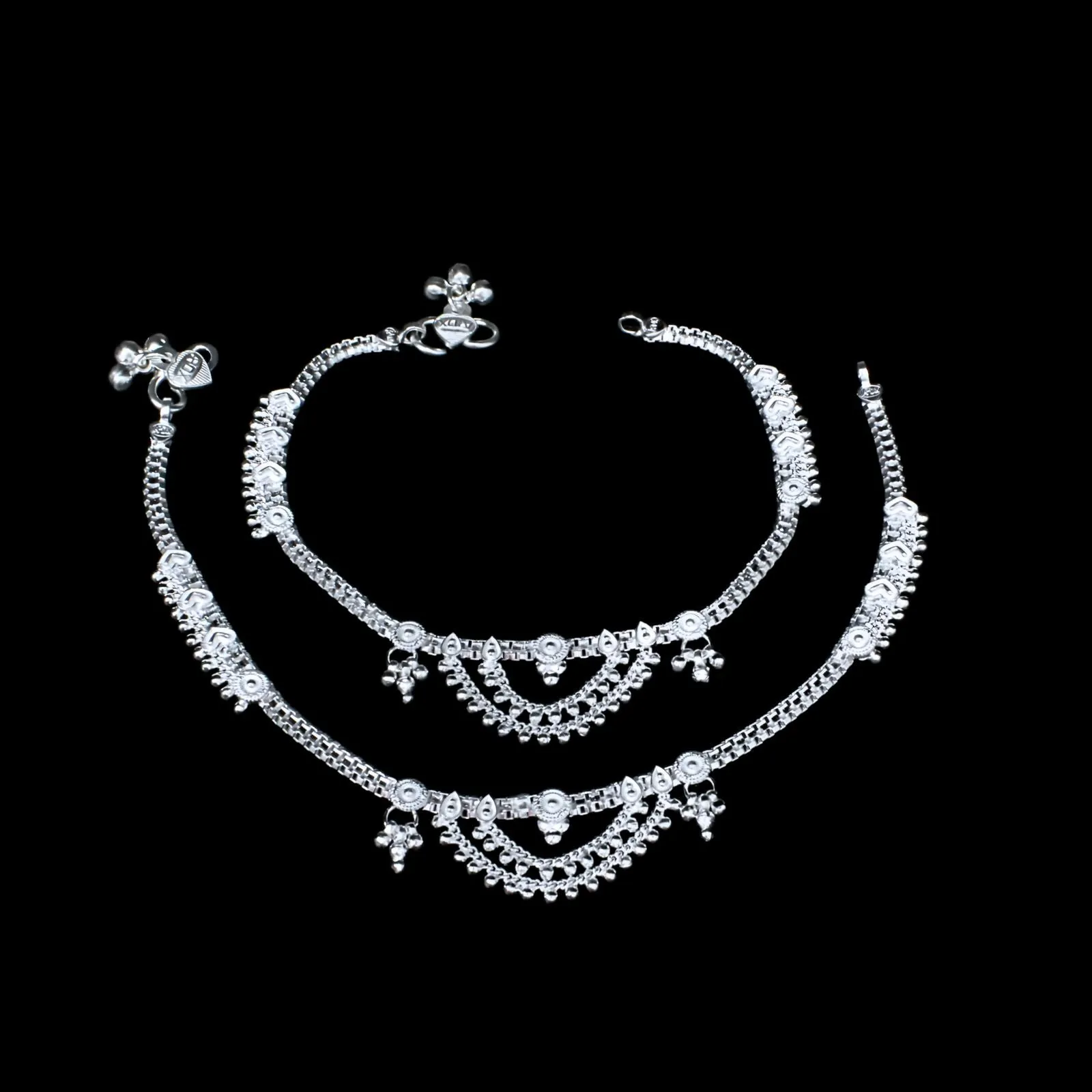 Unique gorgeous Real Silver Indian Women Anklets Ankle Pair 10.3"