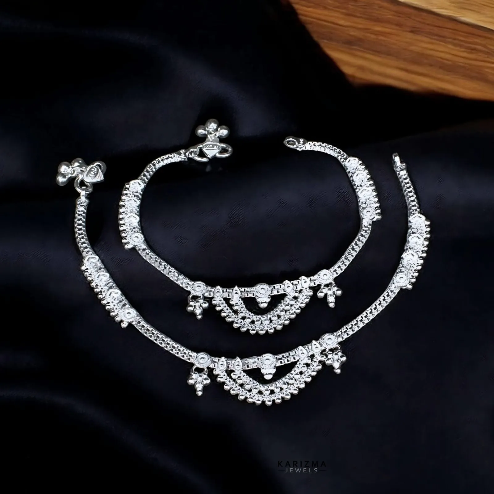 Unique gorgeous Real Silver Indian Women Anklets Ankle Pair 10.3"