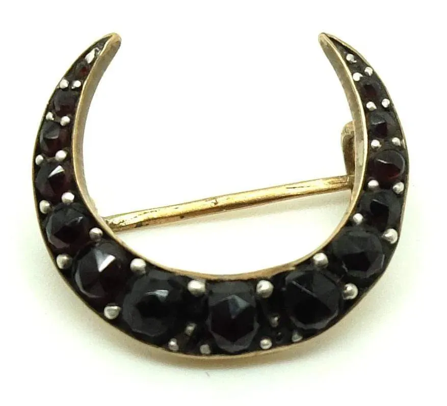 Victorian antique Garnet Gold Crescent Moon Brooch
