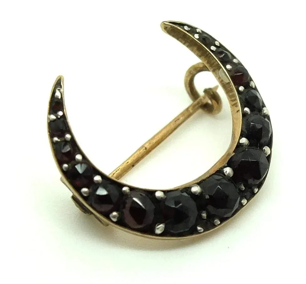 Victorian antique Garnet Gold Crescent Moon Brooch