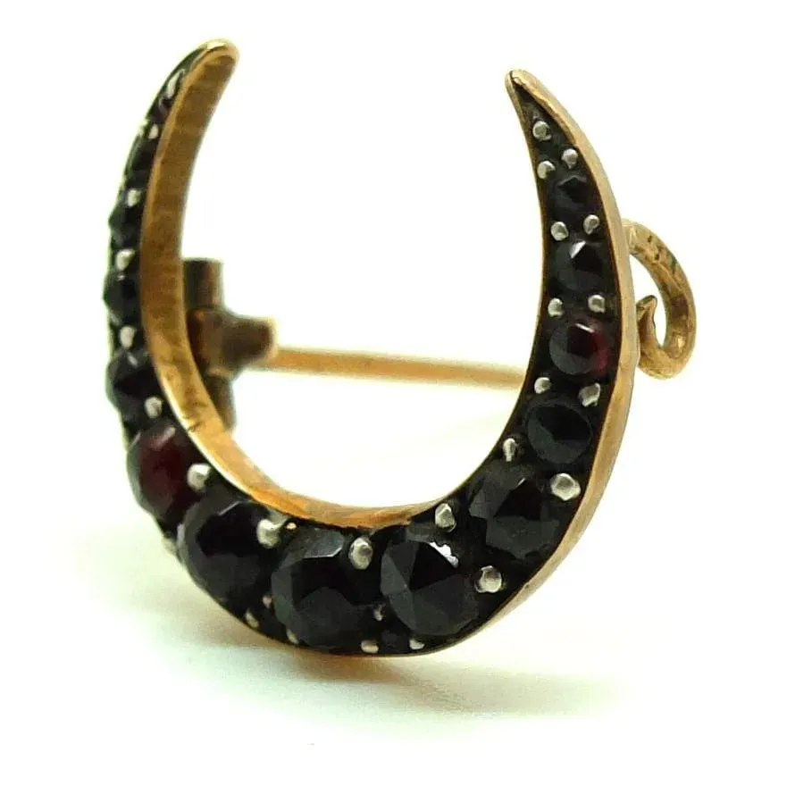 Victorian antique Garnet Gold Crescent Moon Brooch