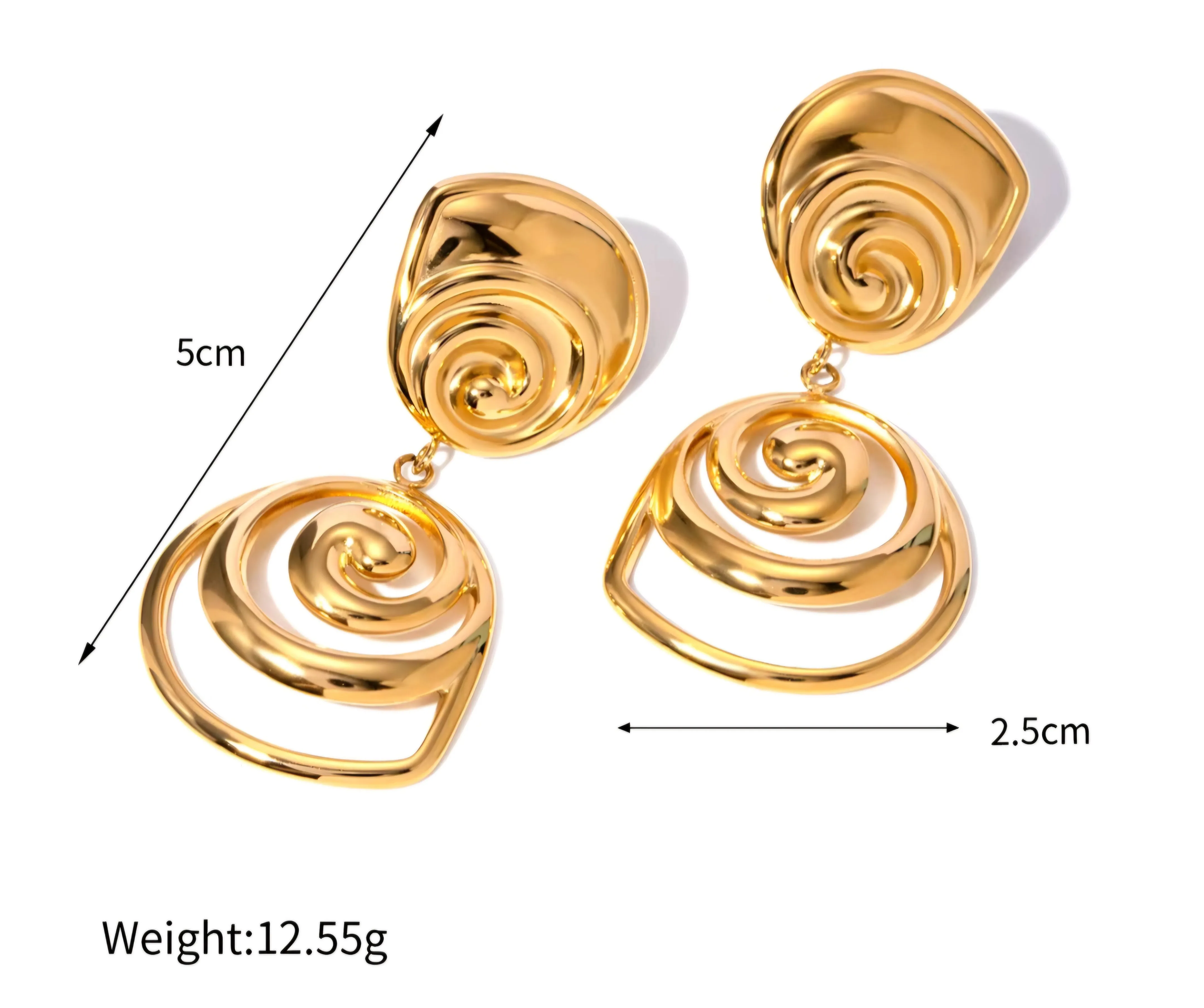 Waterproof Stainless Steel PVD 18K Gold Plated Round Rotate Threaded Pendant Stylish Earrings.