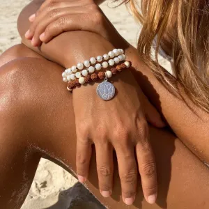 White Lotus wrist Mala Beads yoga bracelet set: Pearl, Mother of Pearl, Rudraksha