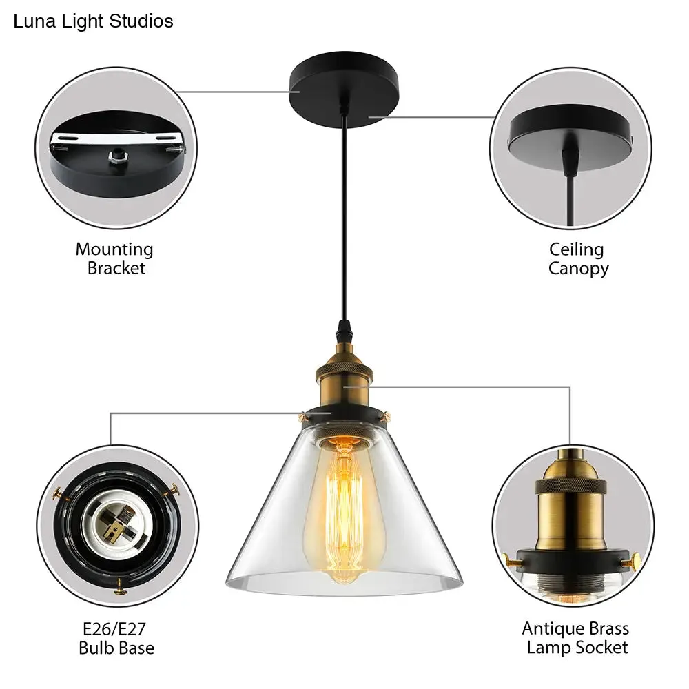 Wide Cone Pendant Light - Industrial Grey/Brown/Clear Glass Hang Lamp - 5.5"/7" - Bronze