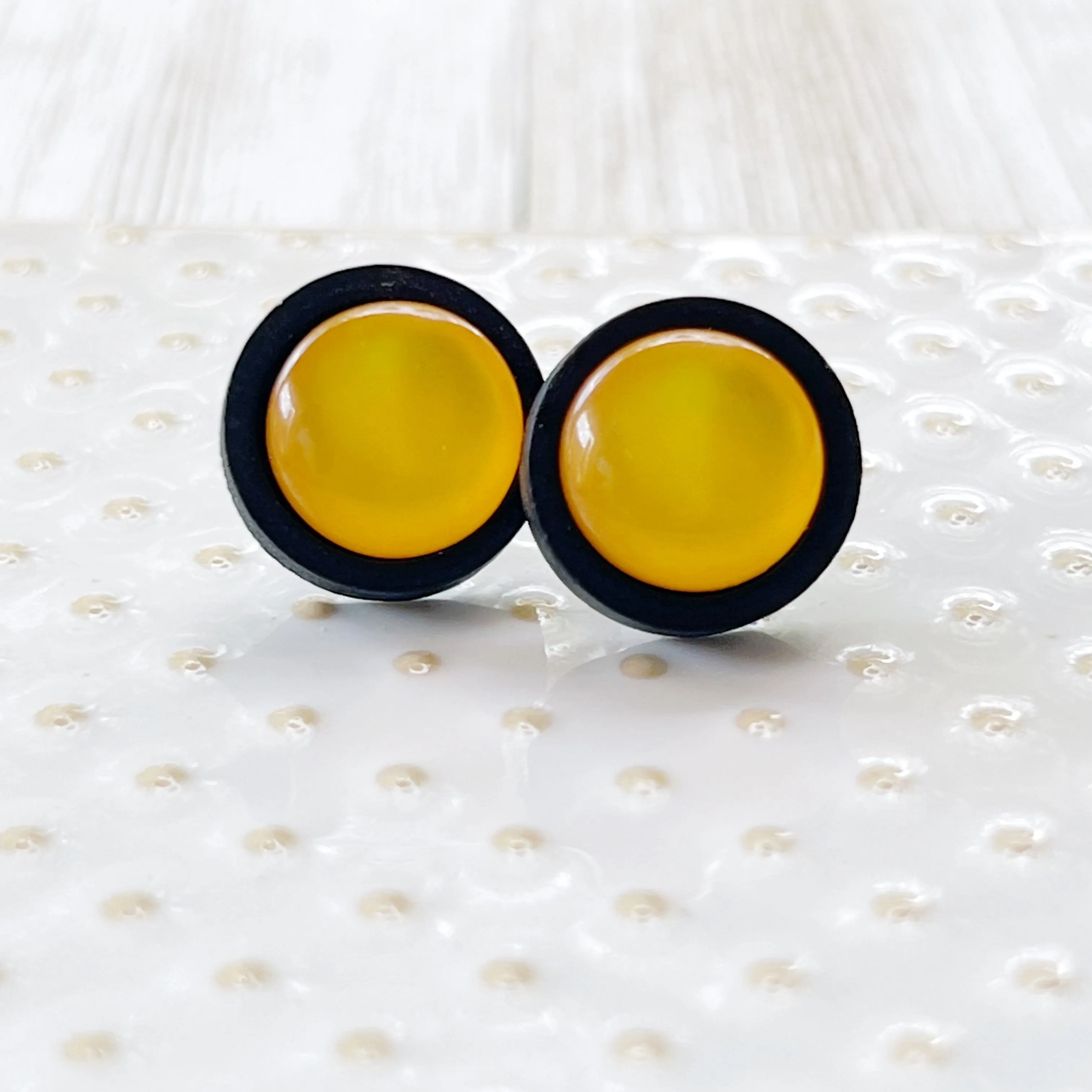 Yellow Resin Black Wood Unisex Stud Earrings - Stylish & Versatile Accessories