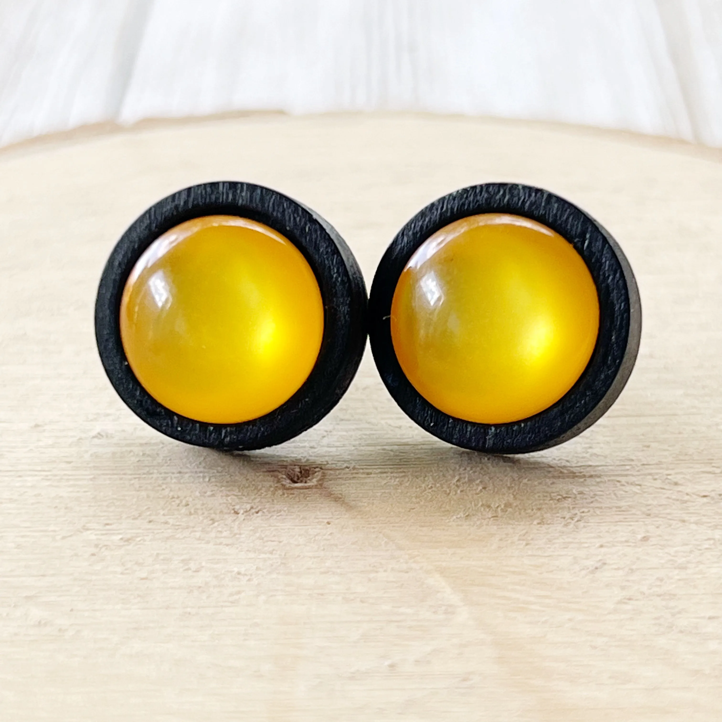 Yellow Resin Black Wood Unisex Stud Earrings - Stylish & Versatile Accessories
