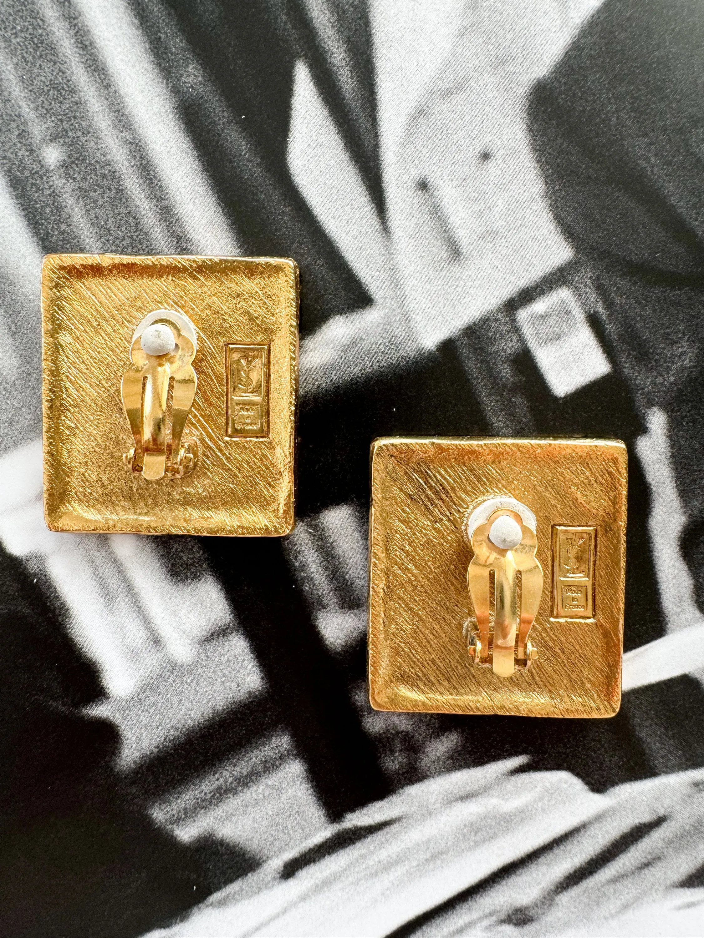 YSL Yves Saint Laurent Vintage Massive Rectangle Earrings Stylish Made in France